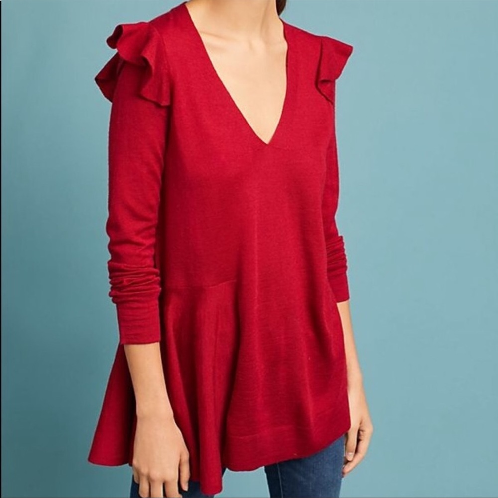 Anthropologie Ruffled V-Neck Pullover sweater NWT